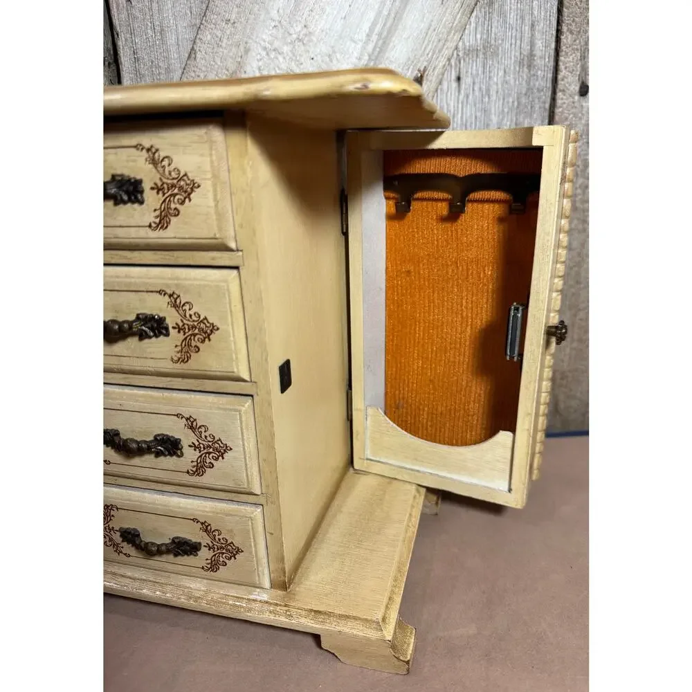 Vintage Gold Florentine Musical Jewelry Box Toyo Japan 4 Drawer Side Storage